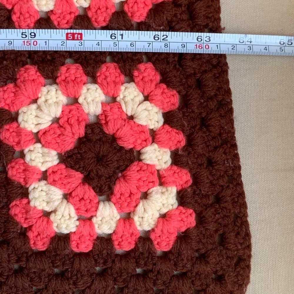 Handmade Granny Square Crochet Throw Blanket Afghan Brown Pink 63x42 Retro Boho